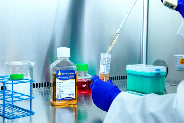 person wearing medical gloves putting serum in a test tube