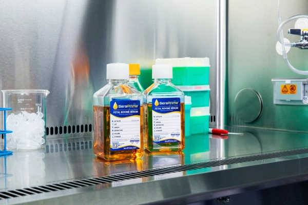 Two serum bottles in lab with medical equipment in background