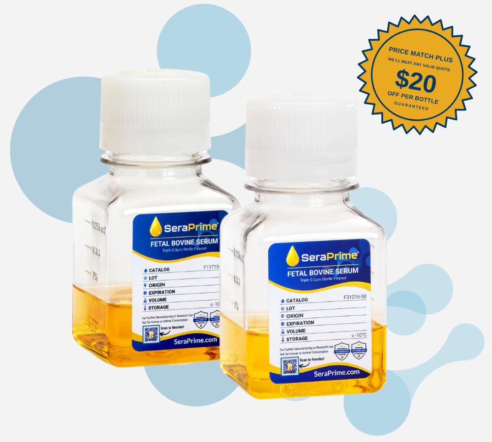 Two clear bottles labeled "SeraPrime Fetal Bovine Serum" with yellow liquid inside. A blue and yellow badge at the top right displays a $20 off offer. Light blue abstract shapes are in the background.