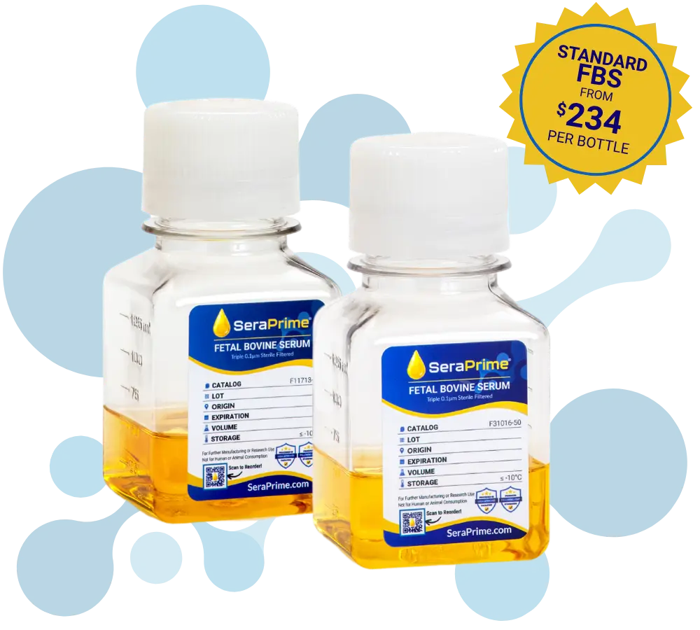 Two clear bottles containing yellow liquid labeled “SeraPrime Fetal Bovine Serum.” A yellow starburst states, “Standard FBS from $234 per bottle.” Blue abstract shapes are in the background.
