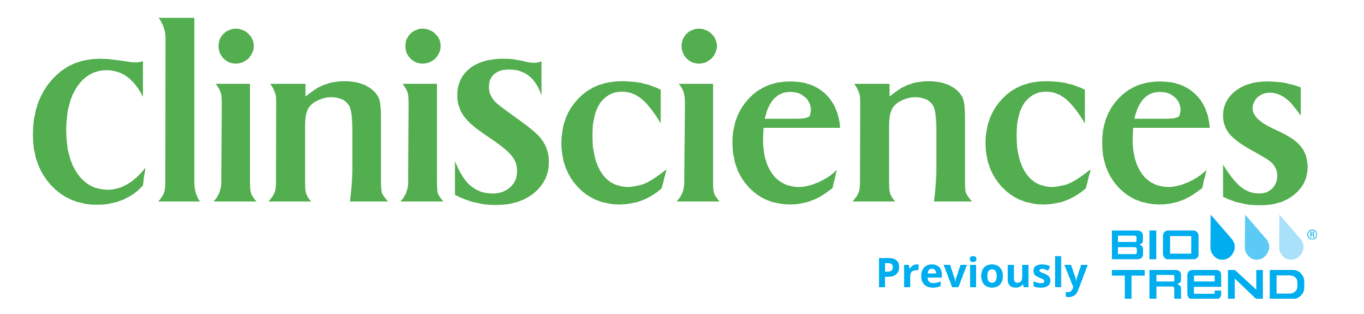 CliniSciences logo in green text. Below, “Previously BIO TREND” appears in blue, with the “BIO TREND” logo featuring three blue water droplet icons. CliniSciences logo in green text. Below, “Previously BIO TREND” appears in blue, with the “BIO TREND” logo featuring three blue water droplet icons.