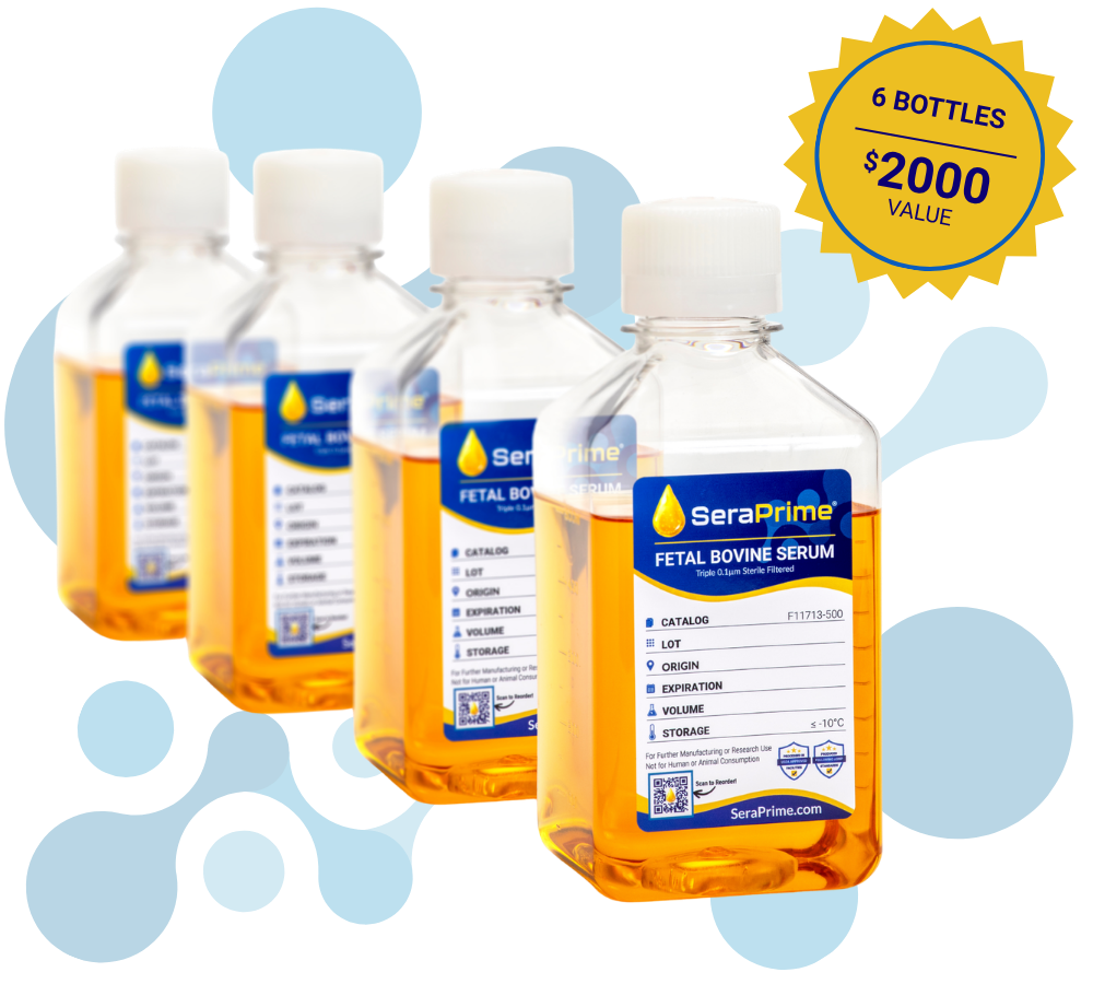 Six bottles of SeraPrime Fetal Bovine Serum arranged against a light blue molecular pattern, with a yellow badge highlighting the giveaway prize of six bottles, a $2,000 value.